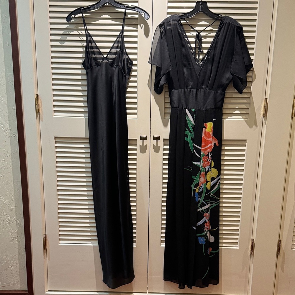 bebe Satin & Sheer Black Maxi Dress with Colorful Floral Design w/ Satin slip
